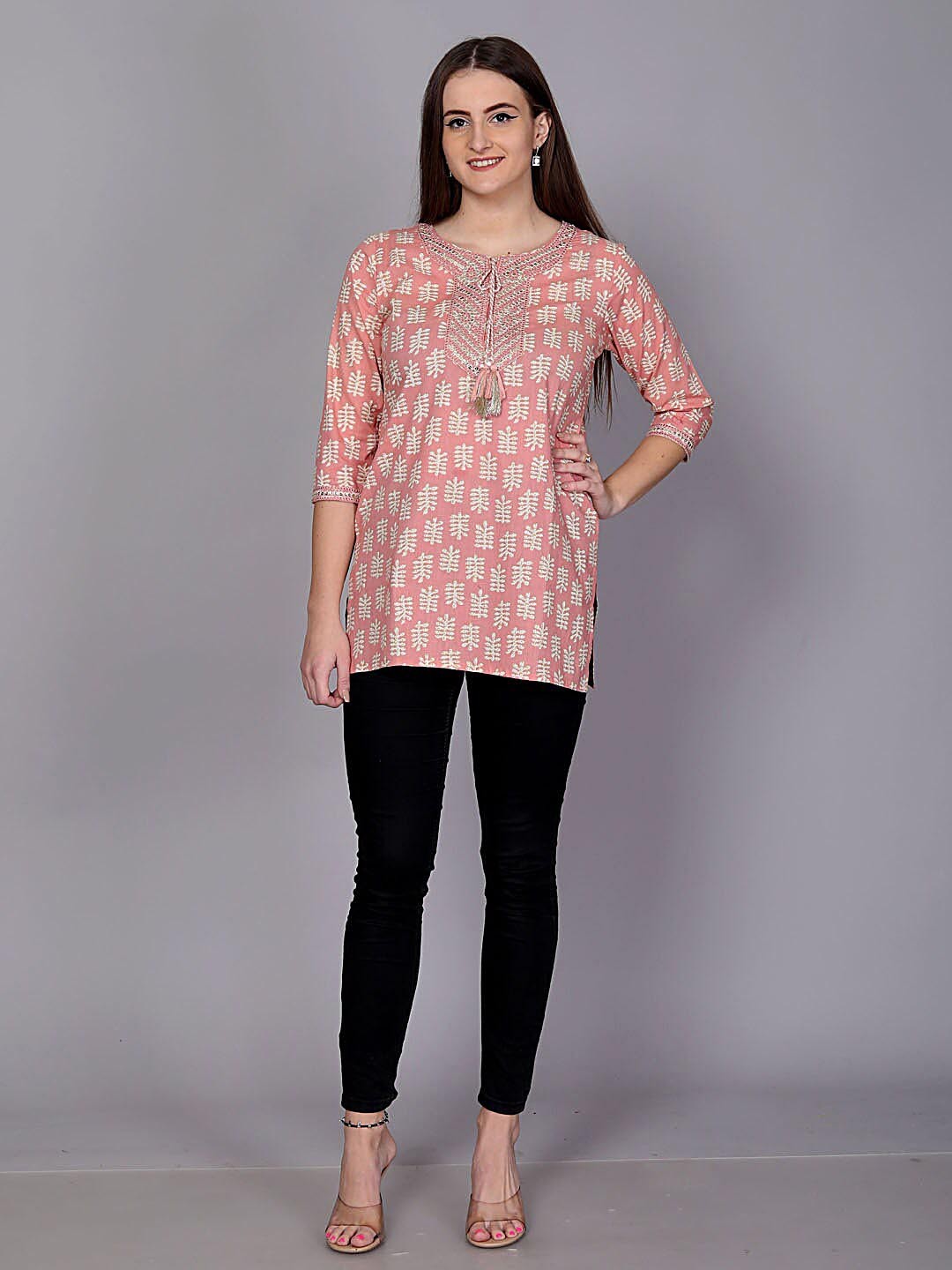 

KALINI Ethnic Motifs Printed Tie-Up Neck Sequinned Detailed Pure Cotton Straight Kurti, Peach