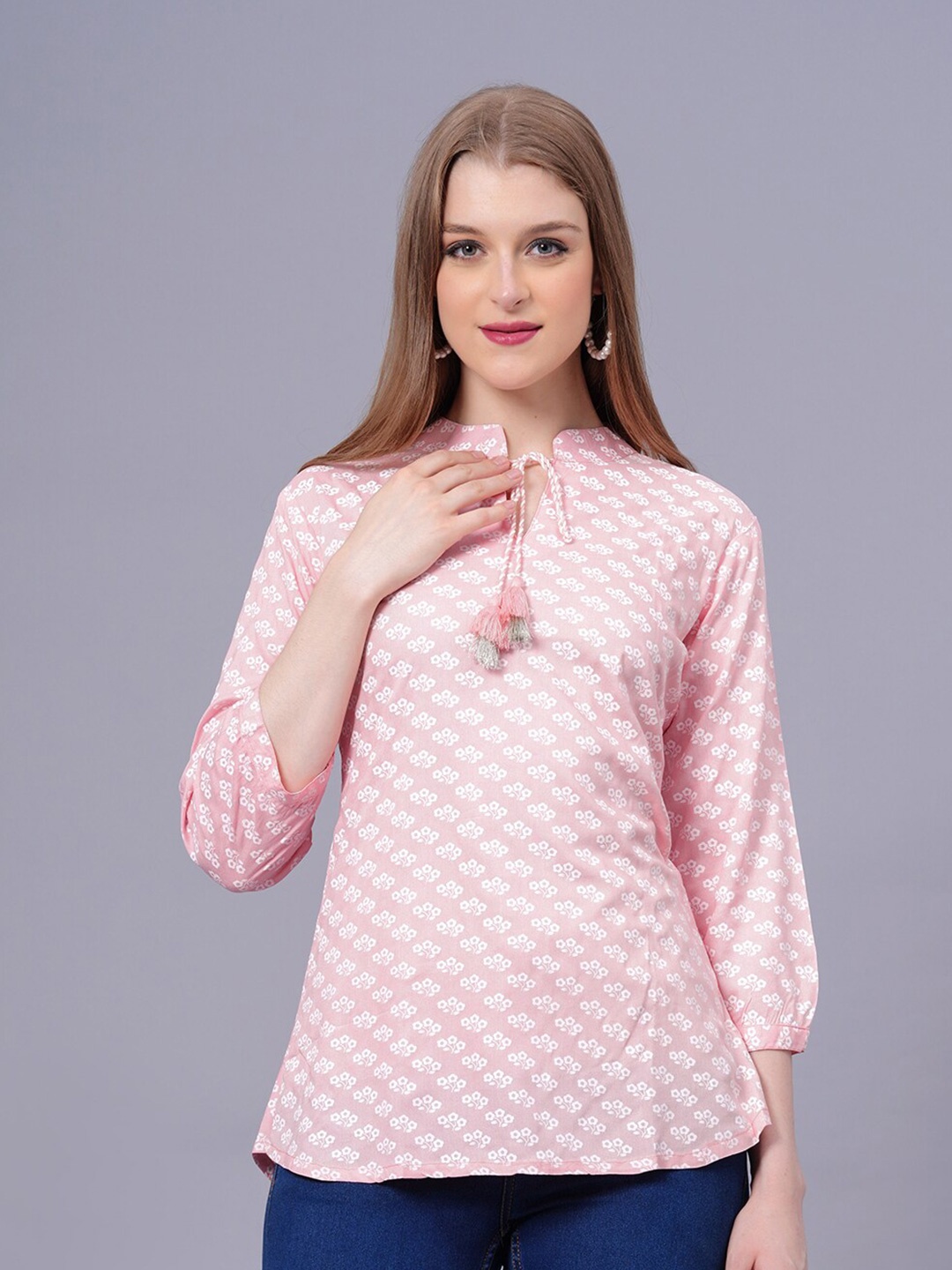 

KALINI Ethnic Motifs Printed Tie-Up Neck Top, Pink