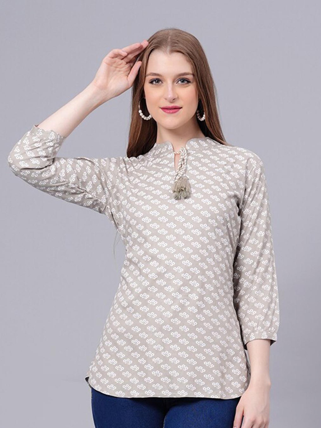 

KALINI Ethnic Motifs Printed Tie-Up Neck Top, Grey