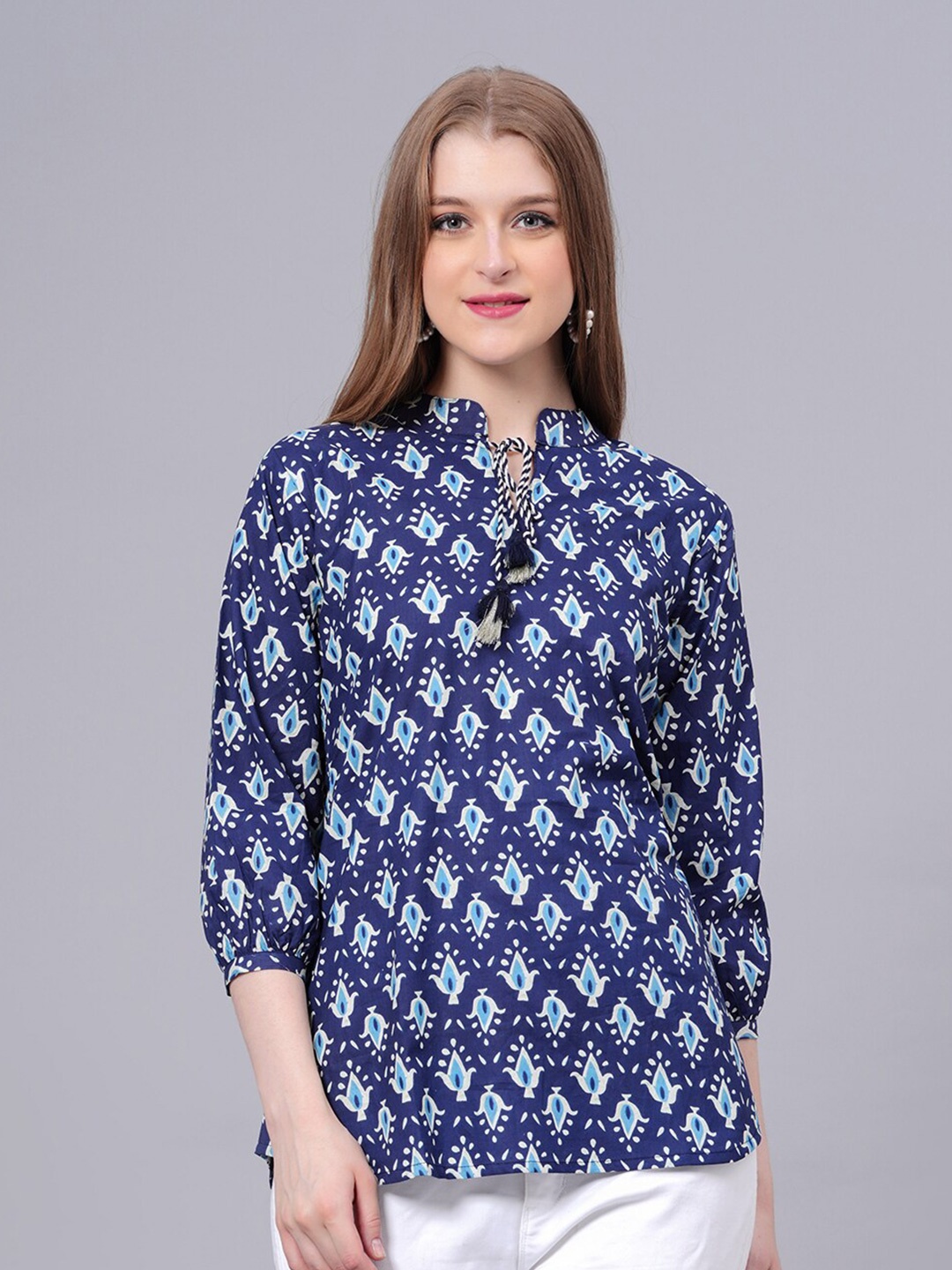 

KALINI Ethnic Motifs Printed Tie-Up Neck Puff Sleeves Pure Cotton Top, Blue