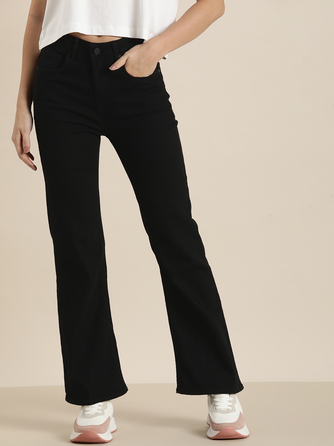 

HERE&NOW Women Flared Stretchable Jeans, Black