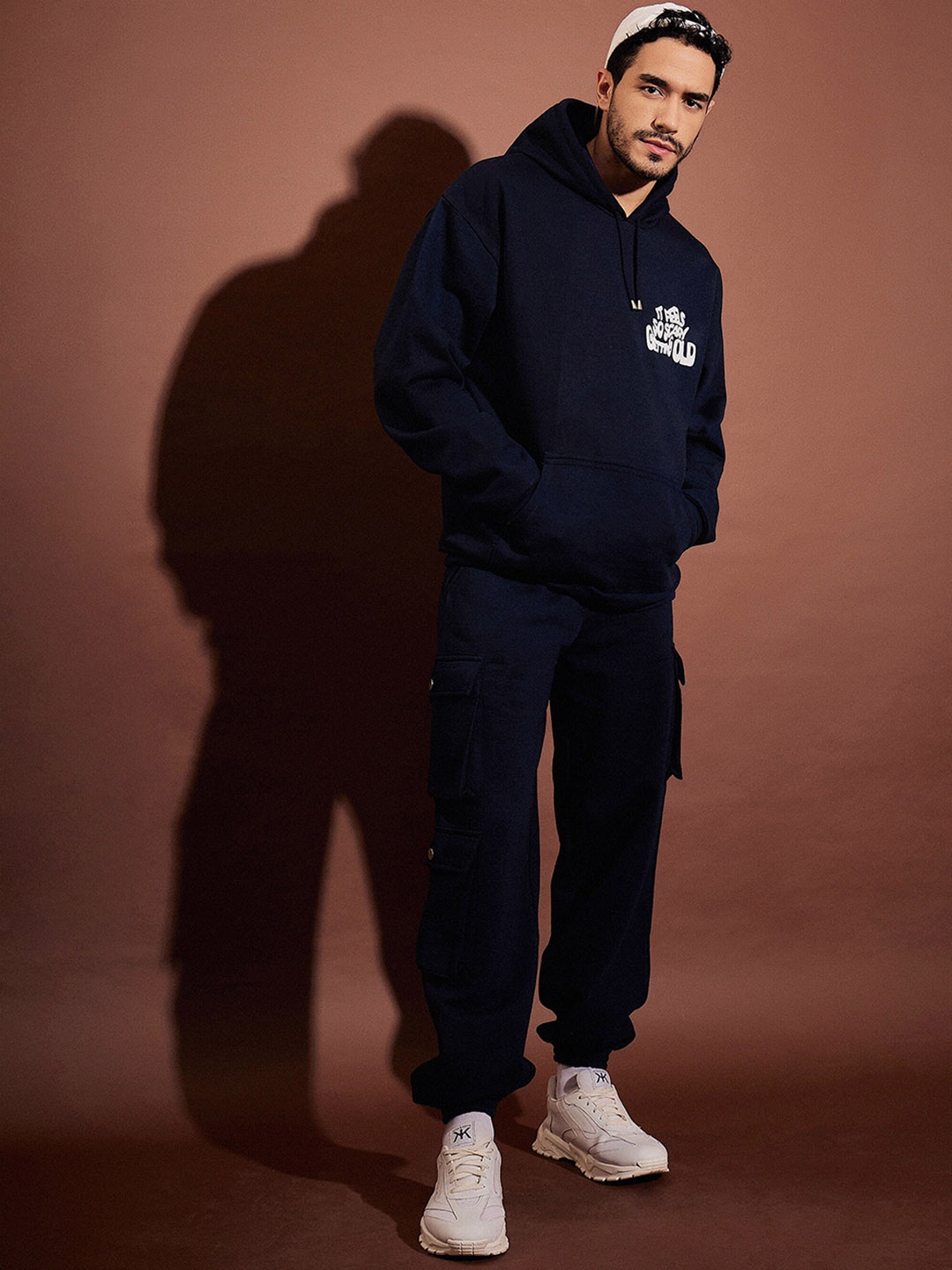 

MASCLN SASSAFRAS Navy Blue & White Typography Printed Hooded Oversized Tracksuit