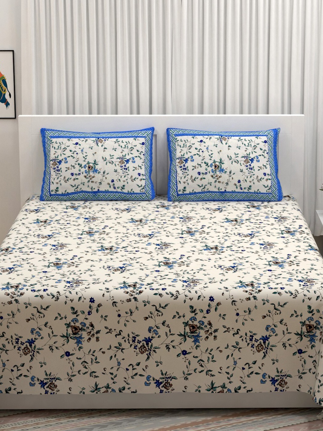 

LIVING ROOTS Double King Size Jaipur Block Print Cotton Double Bedsheet & 2 Pillow Covers, White