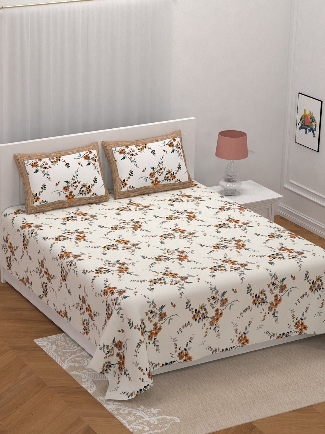 

LIVING ROOTS Double King Size Jaipur Block Print Cotton Double Bedsheet & 2 Pillow Covers, White