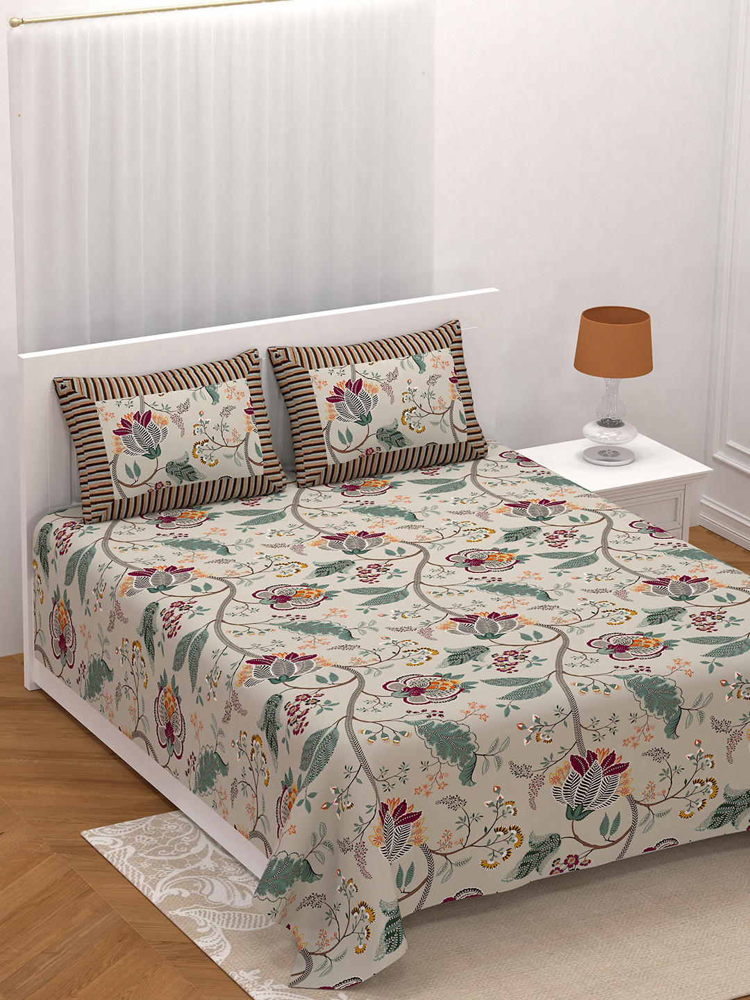 

LIVING ROOTS Double King Size Jaipur Block Print Cotton Double Bedsheet & 2 Pillow Covers, White