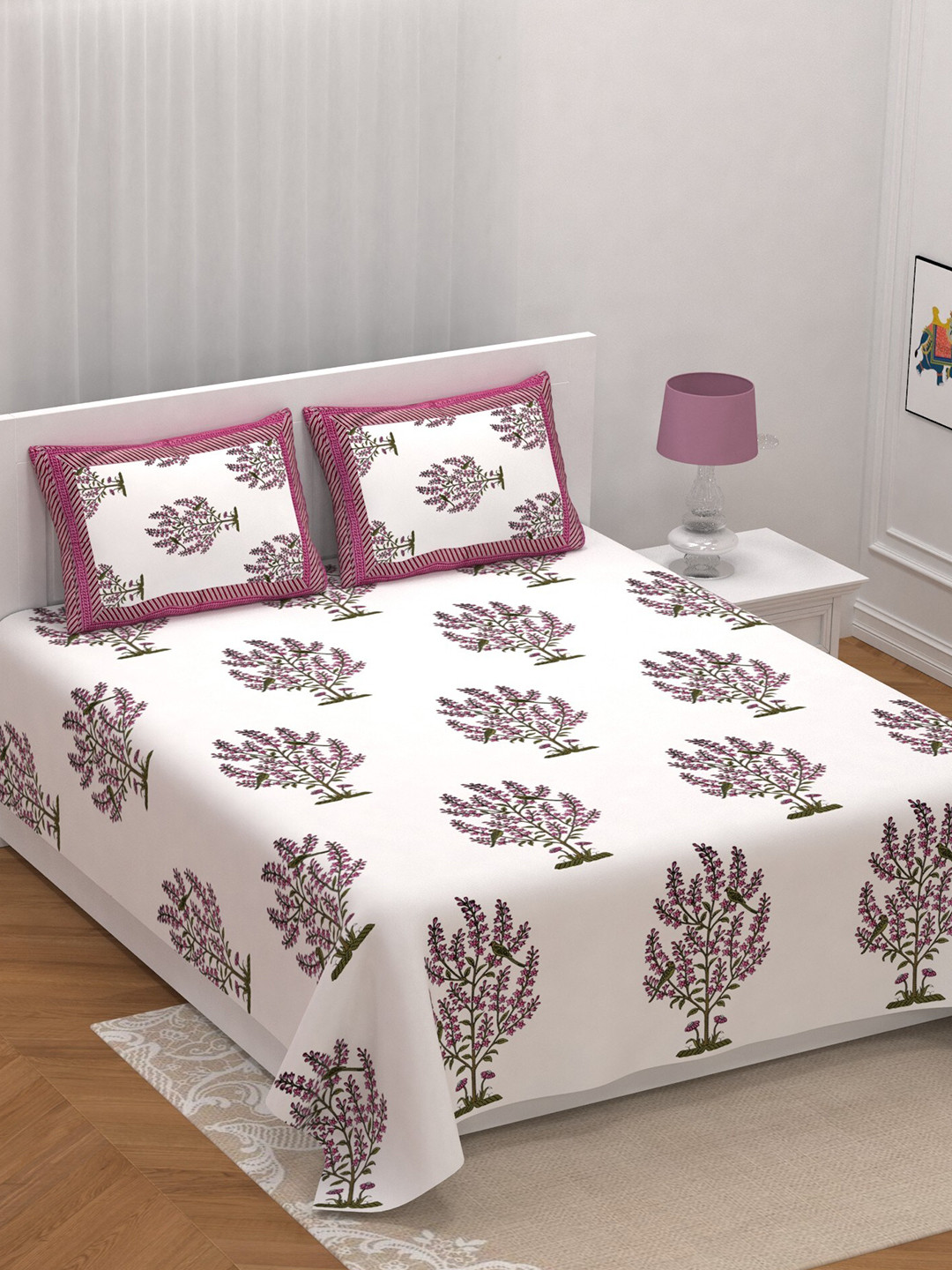 

LIVING ROOTS White & Pink Floral Cotton 210 TC King Bedsheet with 2 Pillow Covers