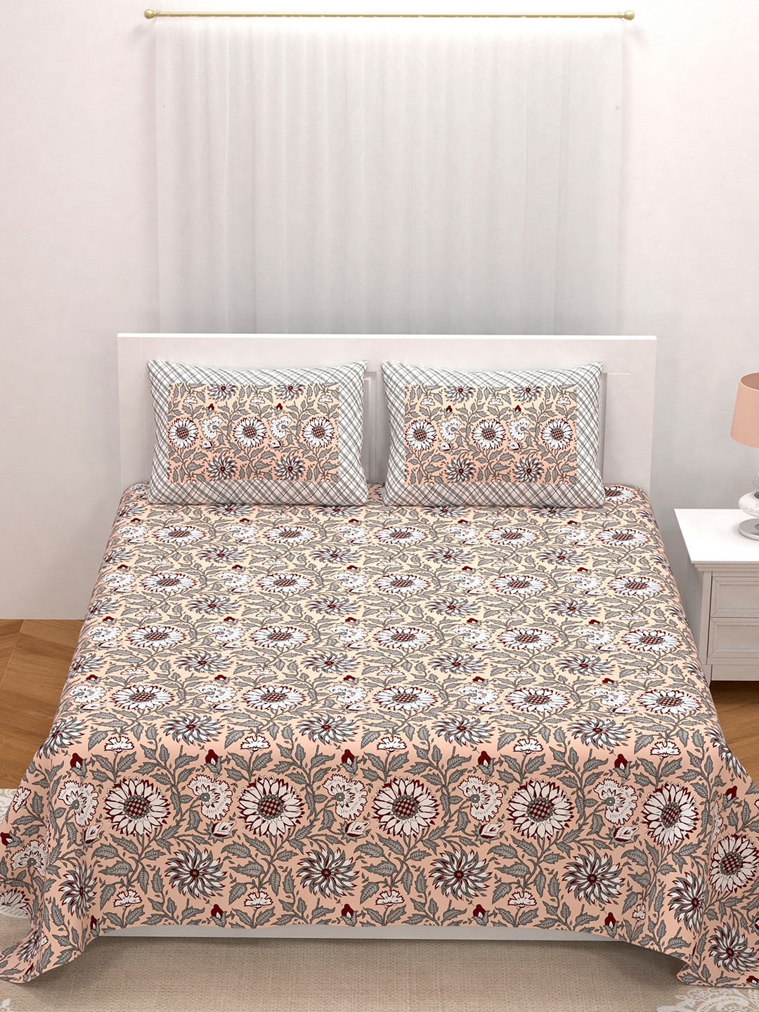 

LIVING ROOTS Double King Size Jaipur Block Print Cotton Double Bedsheet & 2 Pillow Covers, White