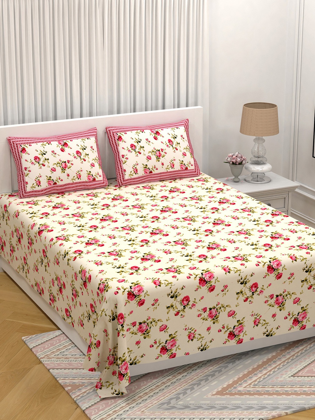 

LIVING ROOTS Double King Size Jaipur Block Print Cotton Double Bedsheet & 2 Pillow Covers, White