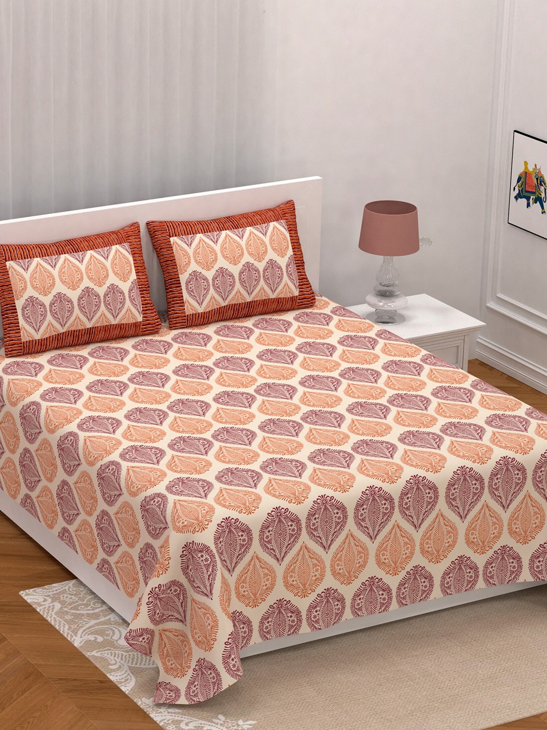 

LIVING ROOTS Orange Floral Cotton 210 TC King Bedsheet with 2 Pillow Covers, White