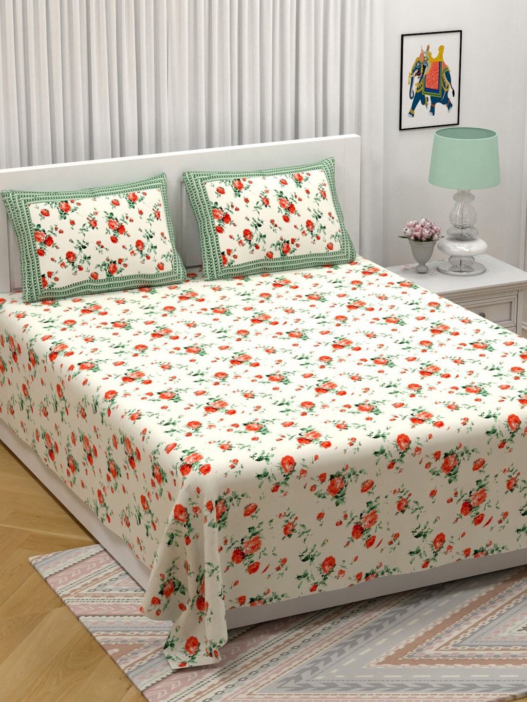 

LIVING ROOTS Double King Size Jaipur Block Print Cotton Double Bedsheet & 2 Pillow Covers, Beige