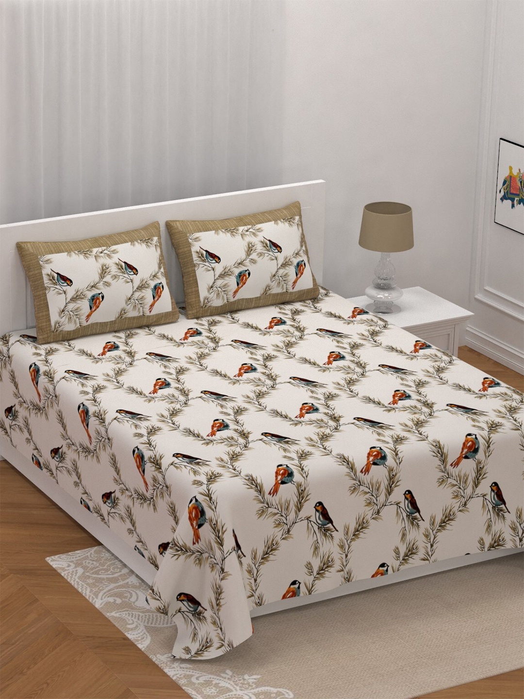 

LIVING ROOTS Double King Size Jaipur Block Print Cotton Double Bedsheet & 2 Pillow Covers, White