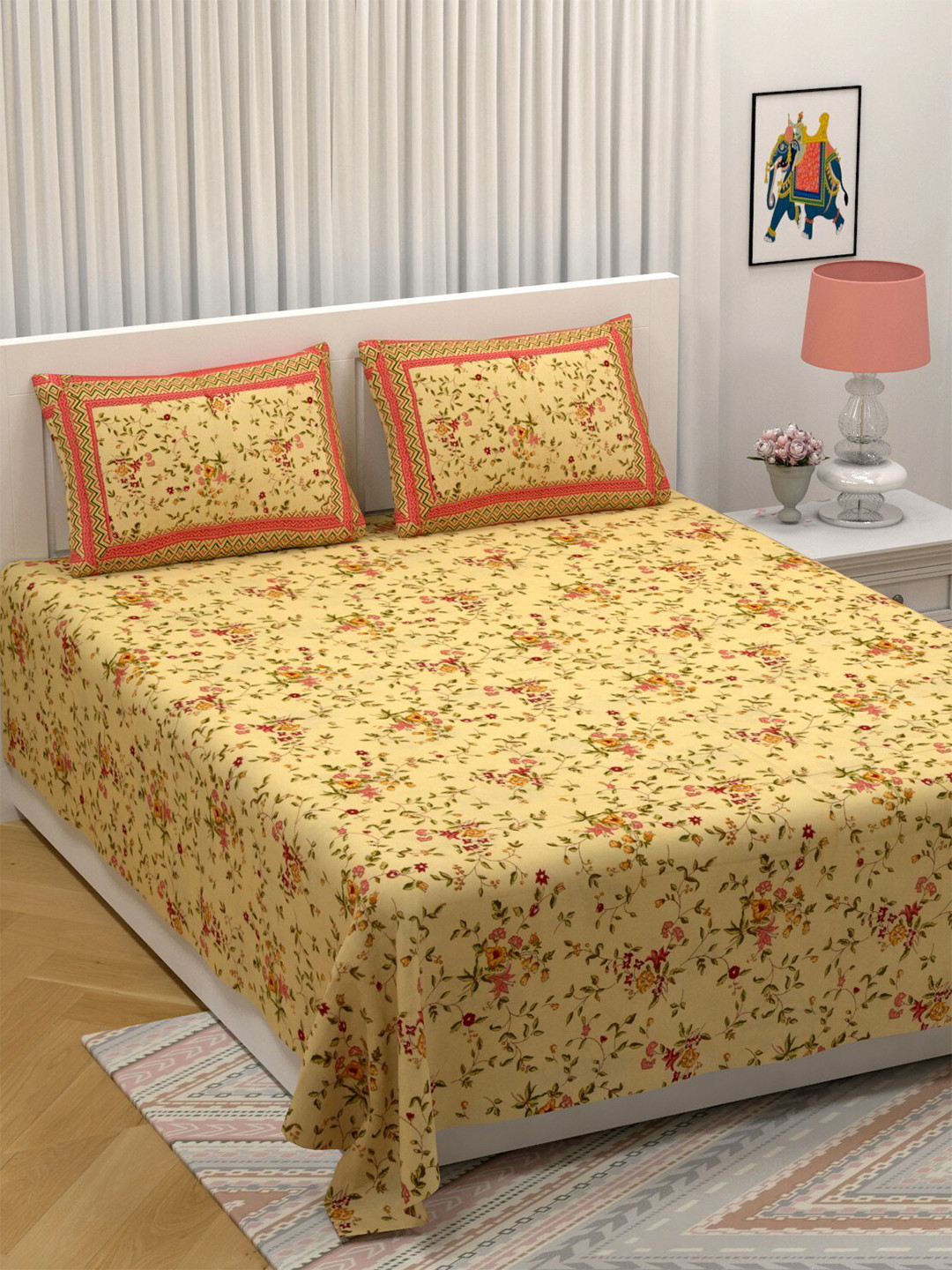 

LIVING ROOTS Double King Size Jaipur Block Print Cotton Double Bedsheet & 2 Pillow Covers, Yellow