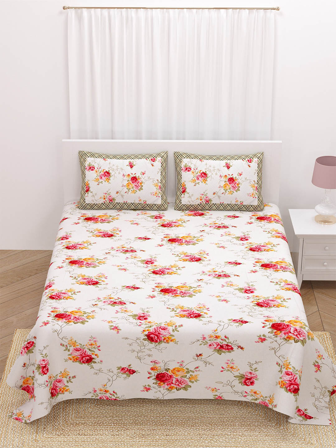 

LIVING ROOTS Double King Size Jaipur Block Print Cotton Double Bedsheet & 2 Pillow Covers, White