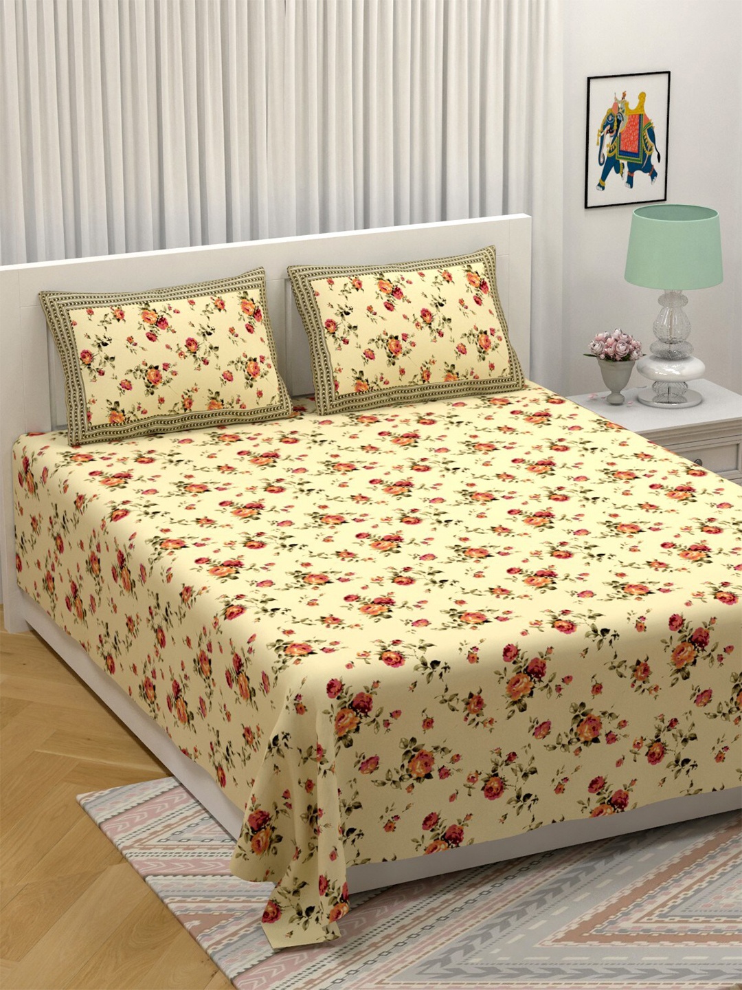 

LIVING ROOTS Cream Floral Cotton 210 TC King Bedsheet with 2 Pillow Covers
