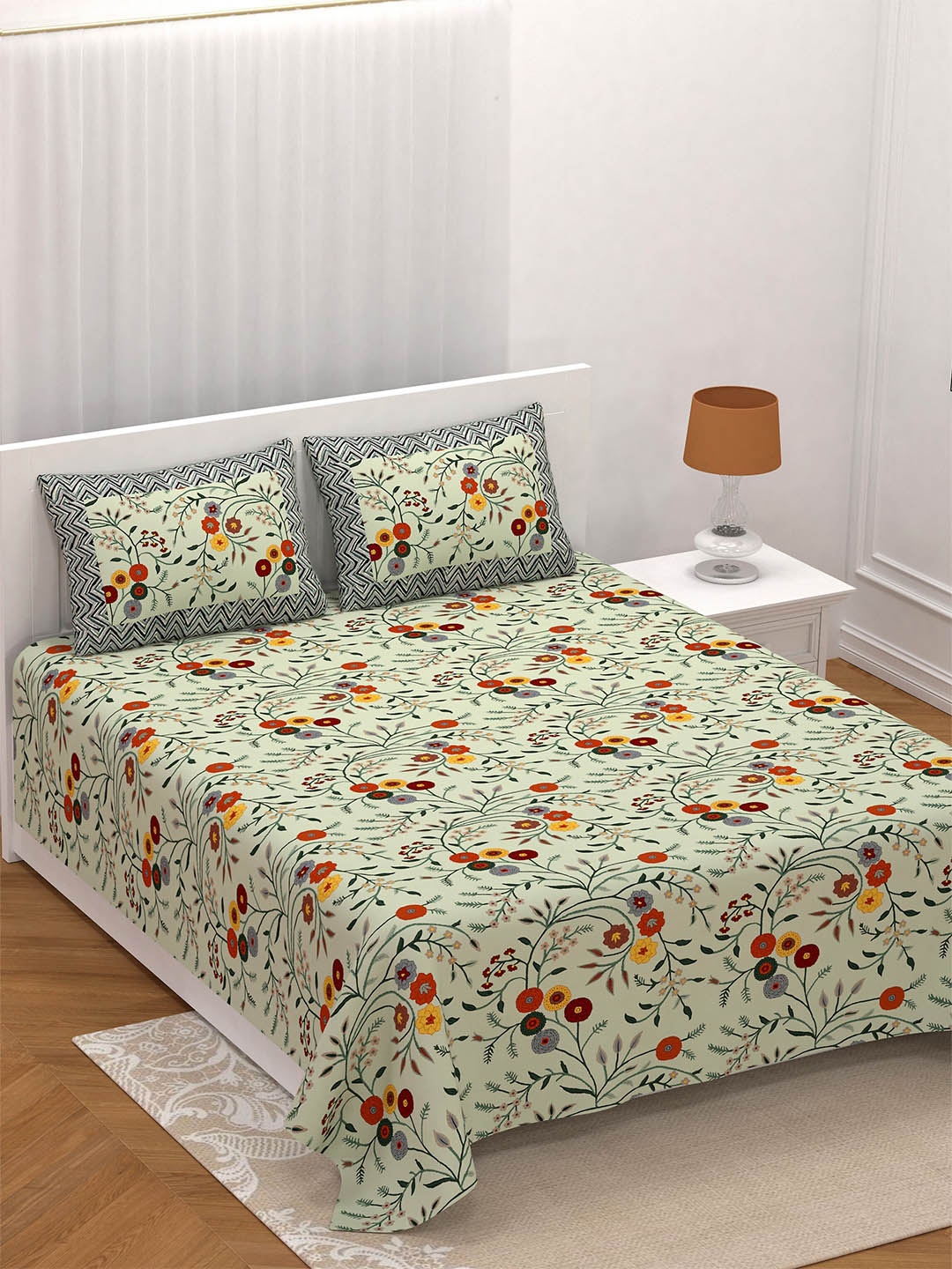 

LIVING ROOTS Double King Size Jaipur Block Print Cotton Double Bedsheet & 2 Pillow Covers, Green