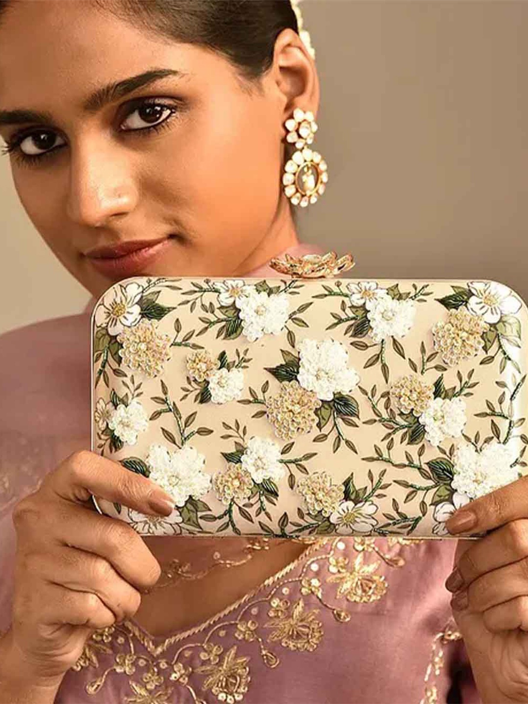 

Jalwa Art Embellished Box Clutch, Beige