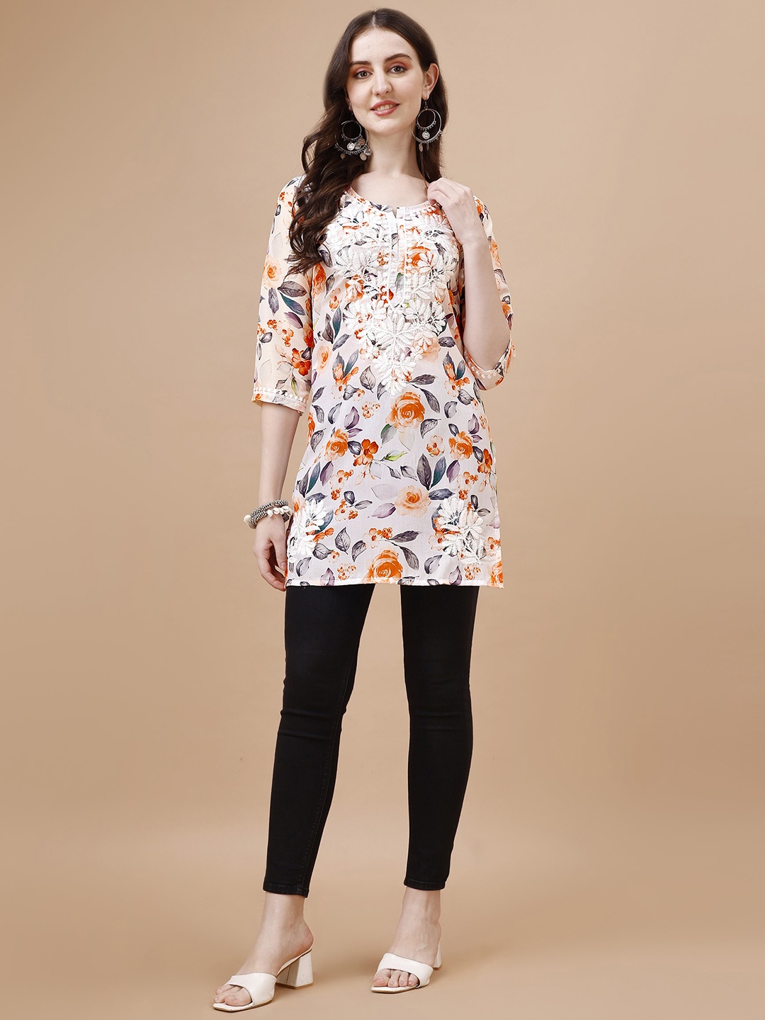 

SAZRIKA Floral Printed Thread Work Straight Kurti, Rust