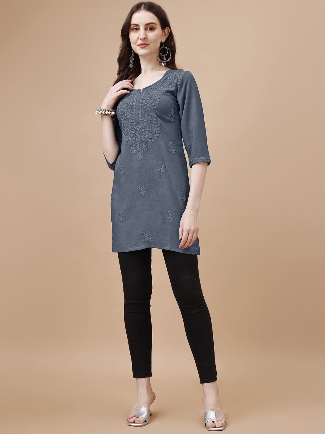 

SAZRIKA Floral Embroidered Straight Kurta, Grey