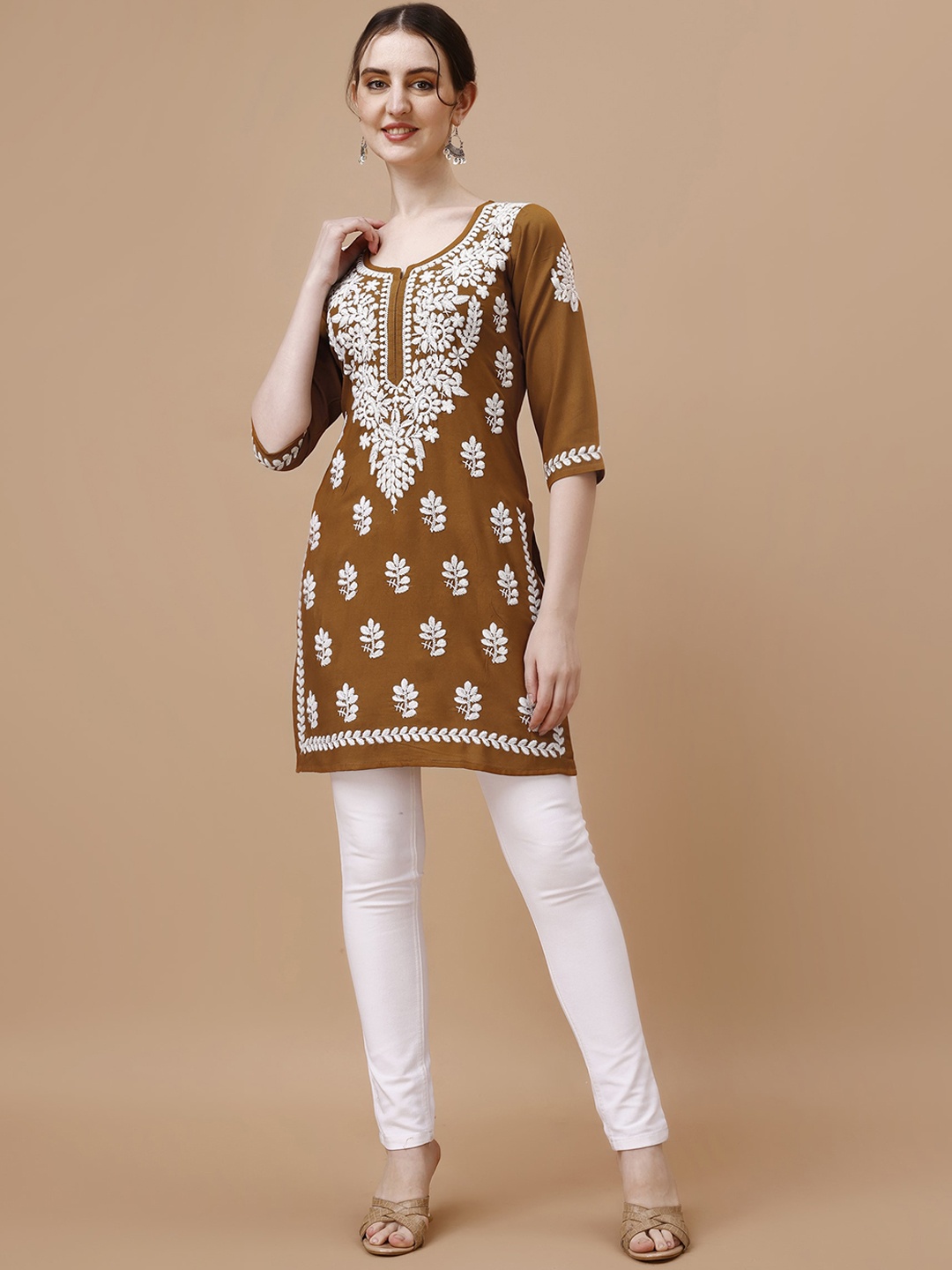 

SAZRIKA Floral Embroidered Regular Kurti, Brown