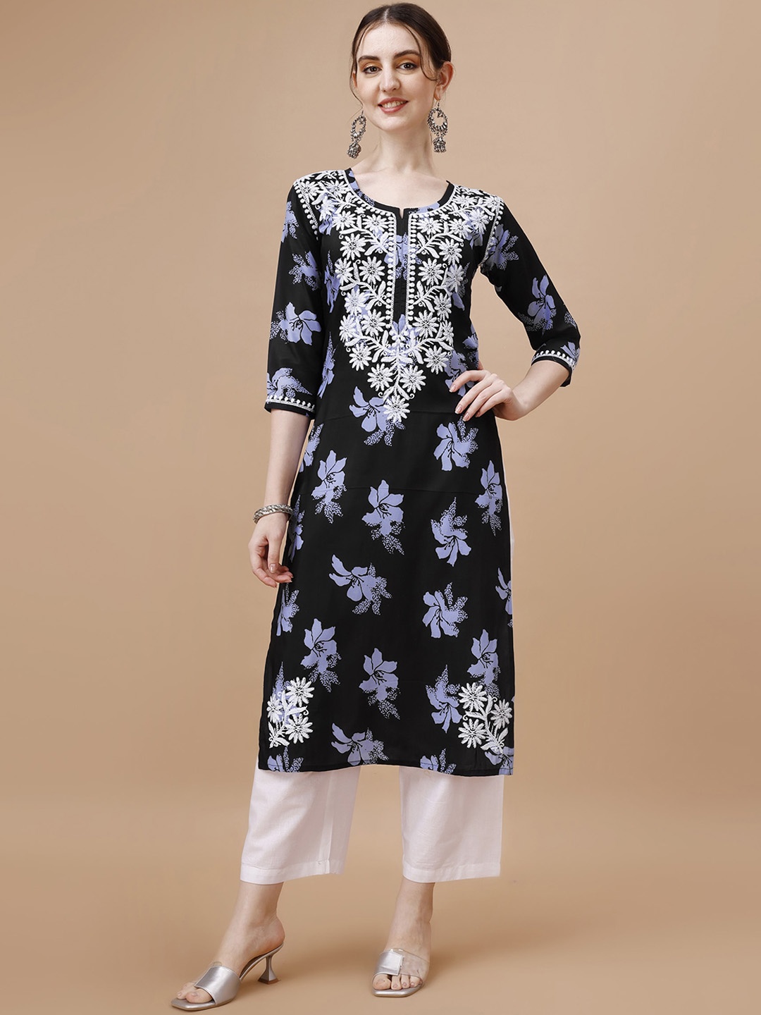 

SAZRIKA Floral Printed Thread Work Straight Kurti, Black