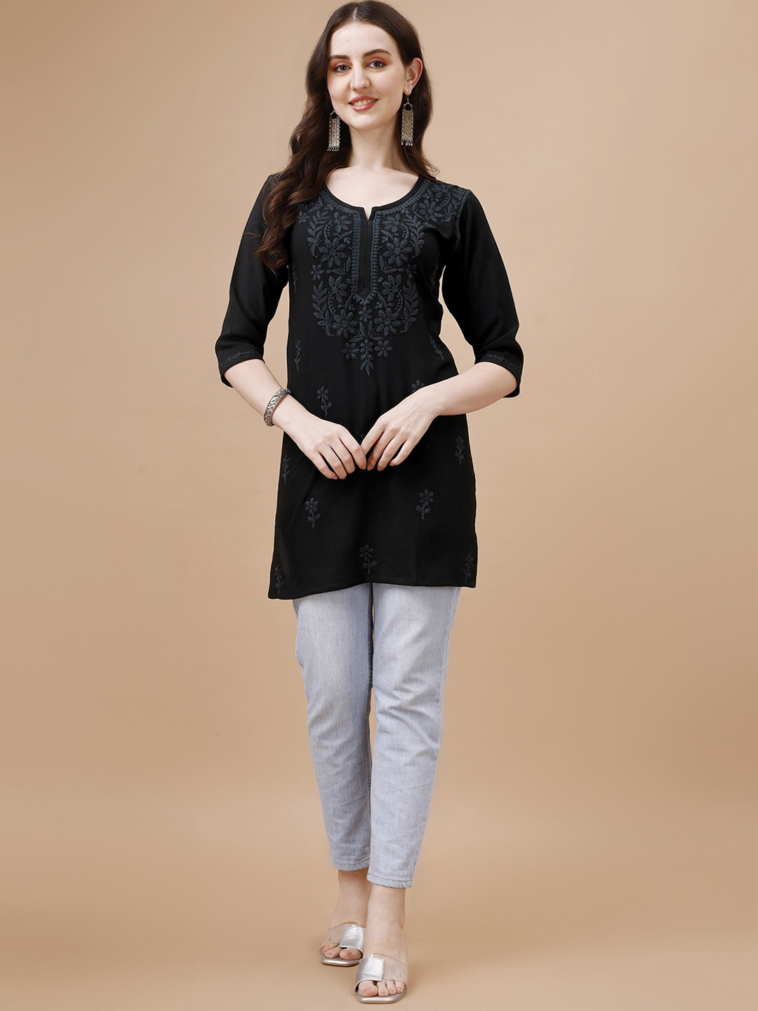 

SAZRIKA Floral Embroidered Straight Kurta, Black