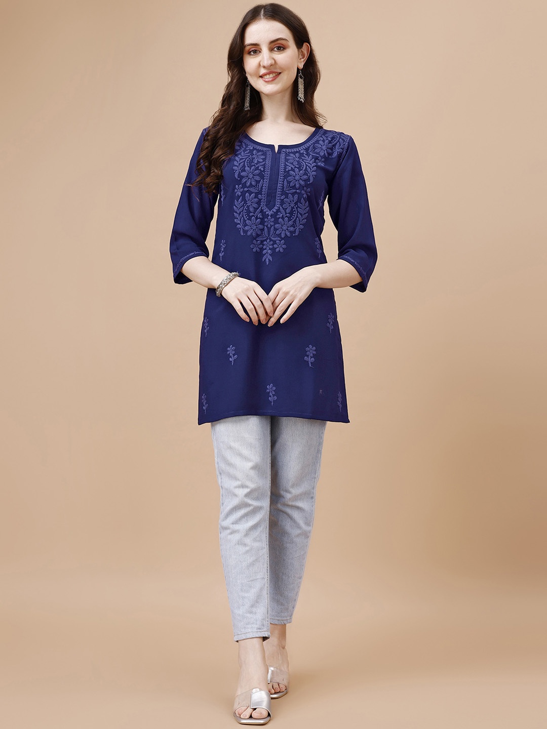 

SAZRIKA Floral Embroidered Straight Kurti, Navy blue