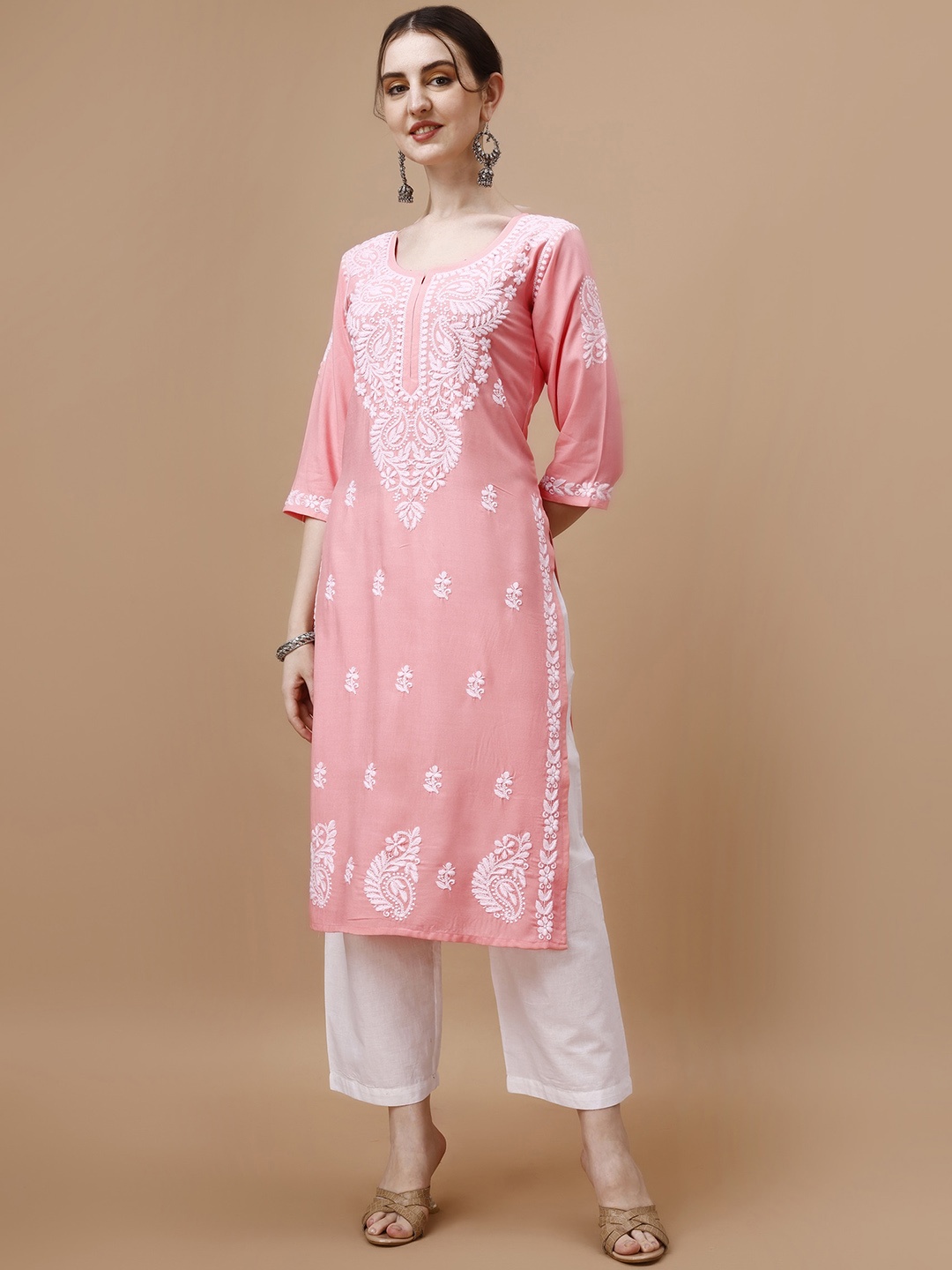 

SAZRIKA Floral Embroidered Straight Kurta, Peach