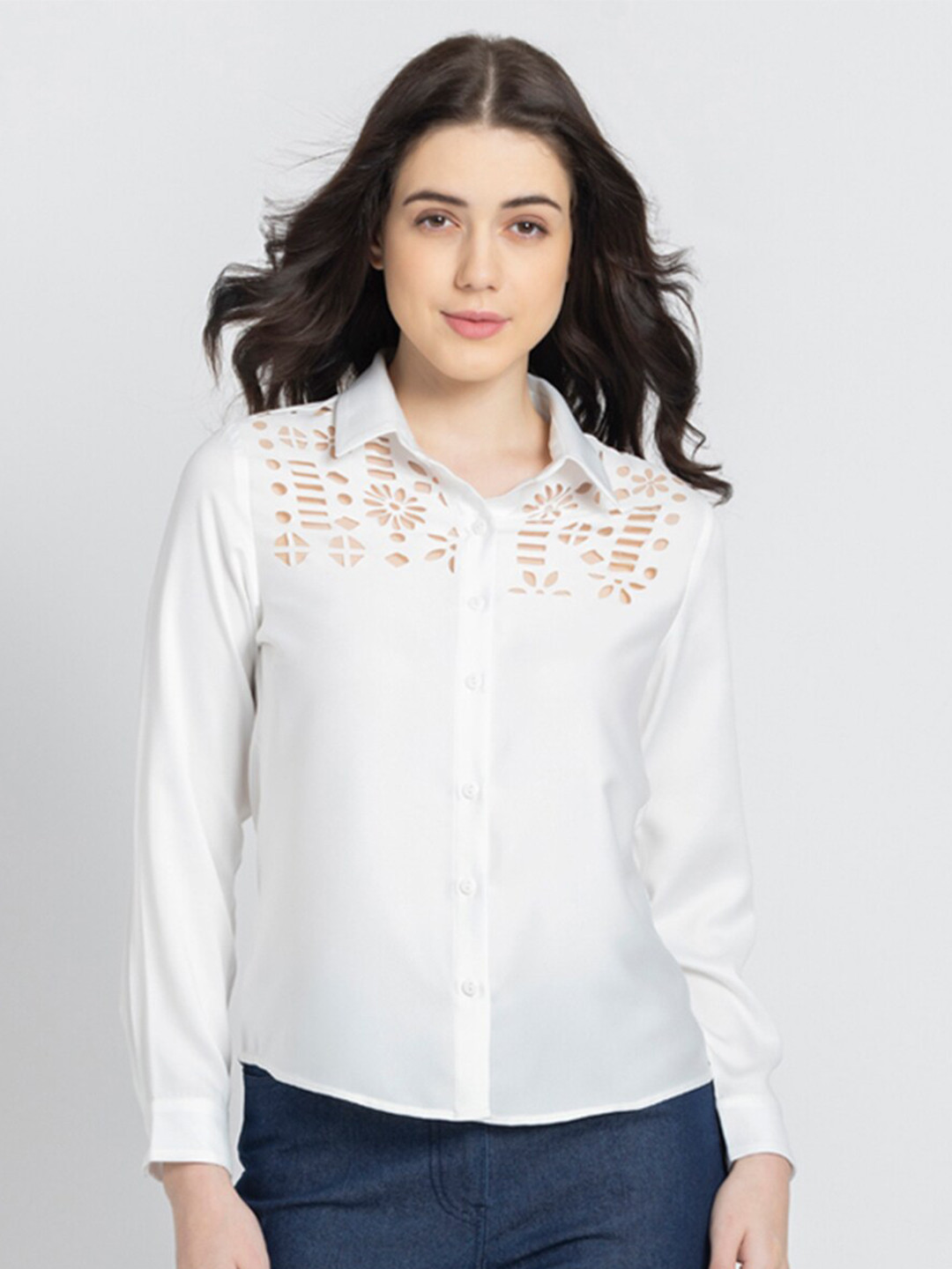 

SHAYE Smart Cut Outs Opaque Party Shirt, White