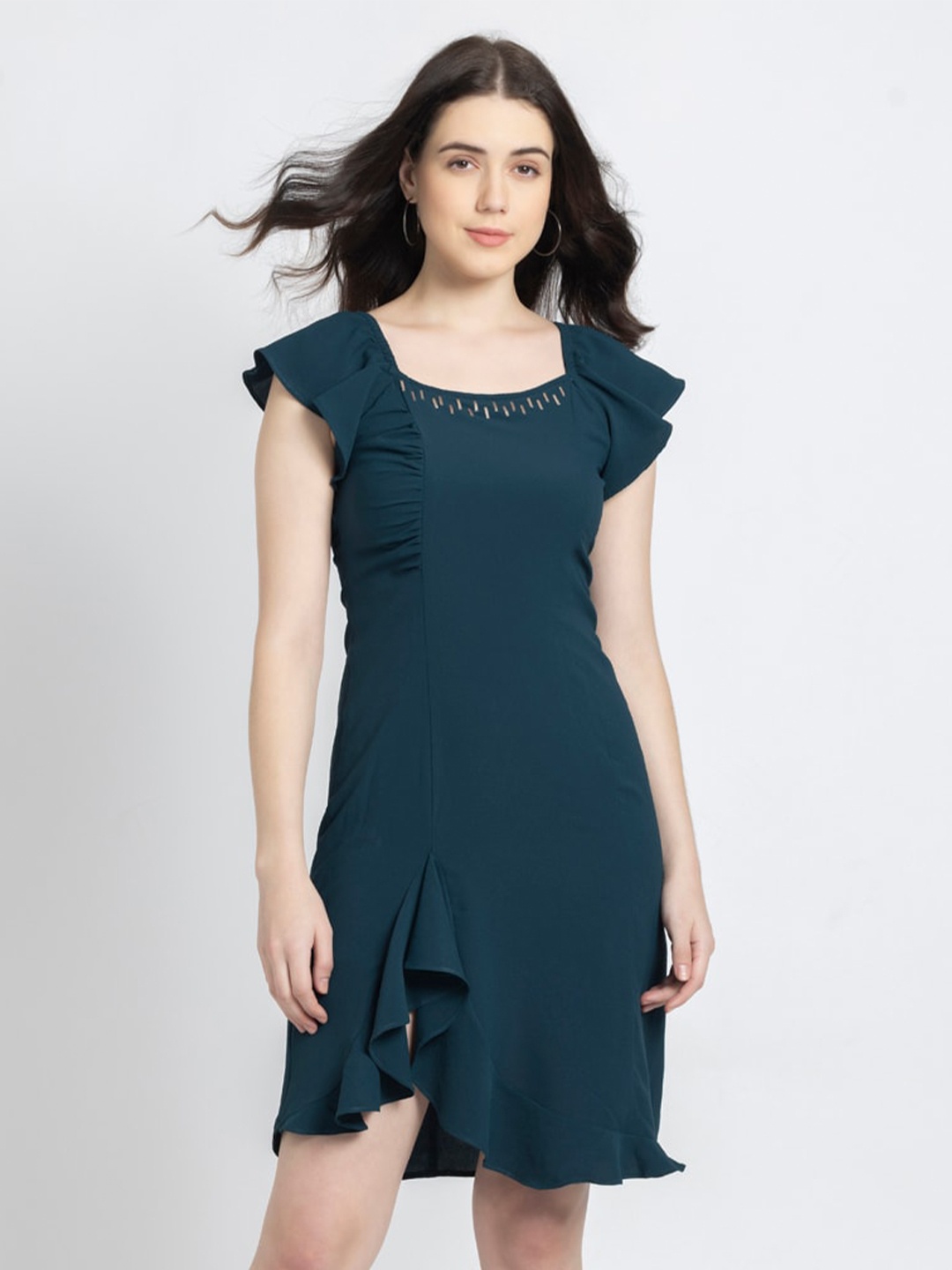 

SHAYE Flutter Sleeves Asymmetric Hem Sheath Dress, Teal