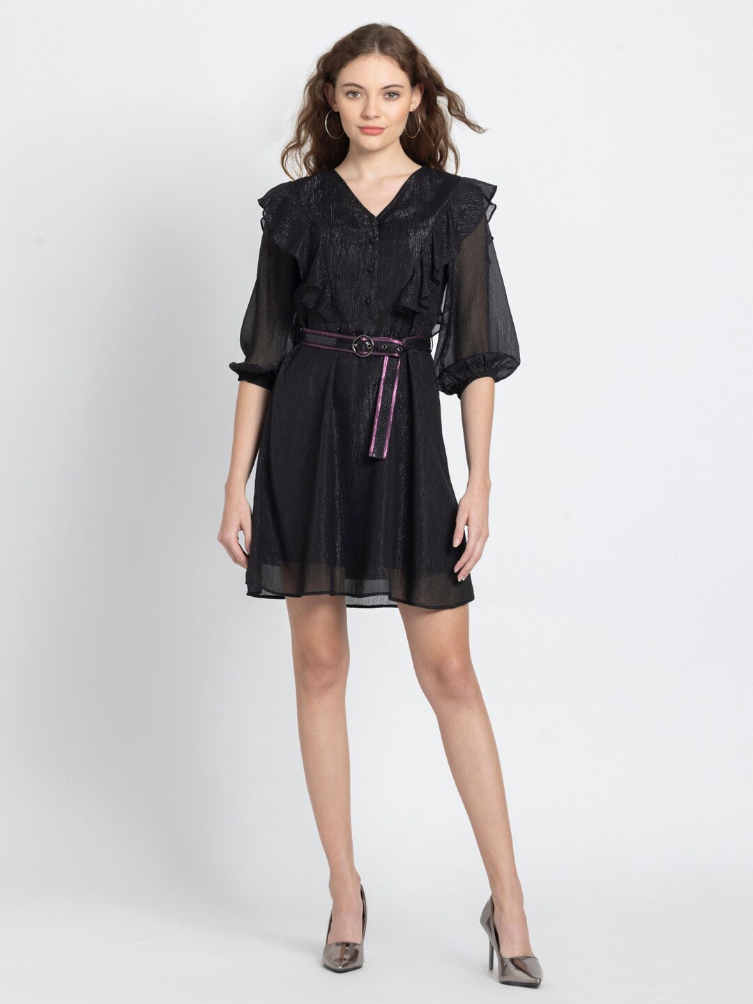 

SHAYE Self Design V-Neck Ruffled Pure Chiffon A-Line Dress With Belt, Black