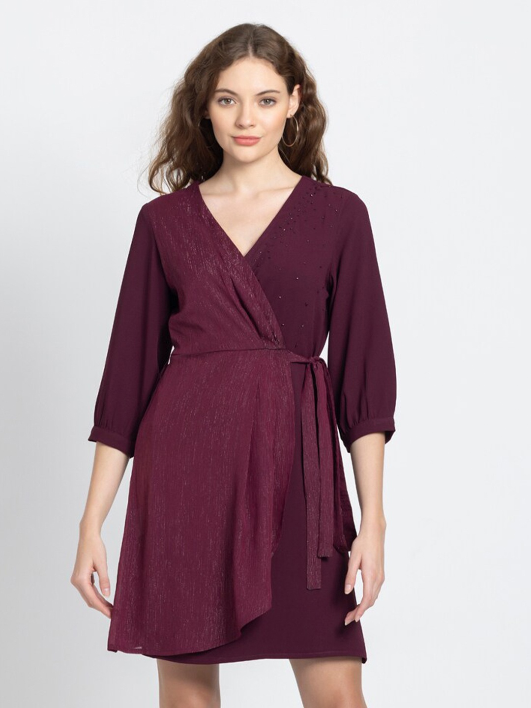 

SHAYE Embellished V-Neck Chiffon Wrap Dress With Belt, Burgundy