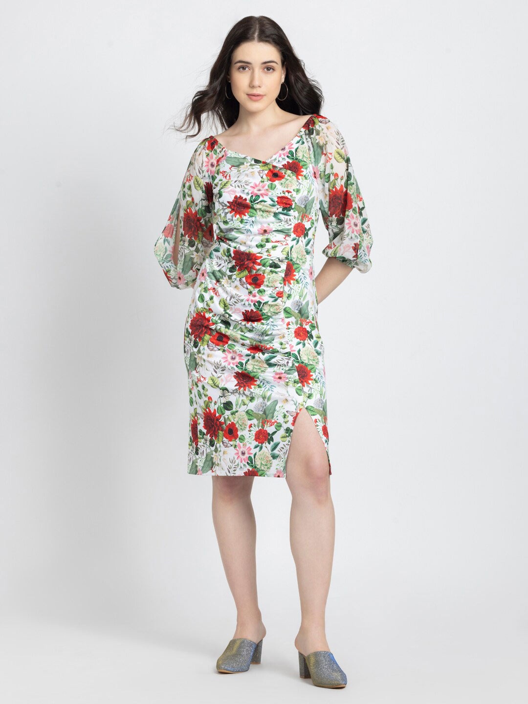 

SHAYE Floral Printed Puff Sleeves Sweetheart Neck Sheath Dress, White