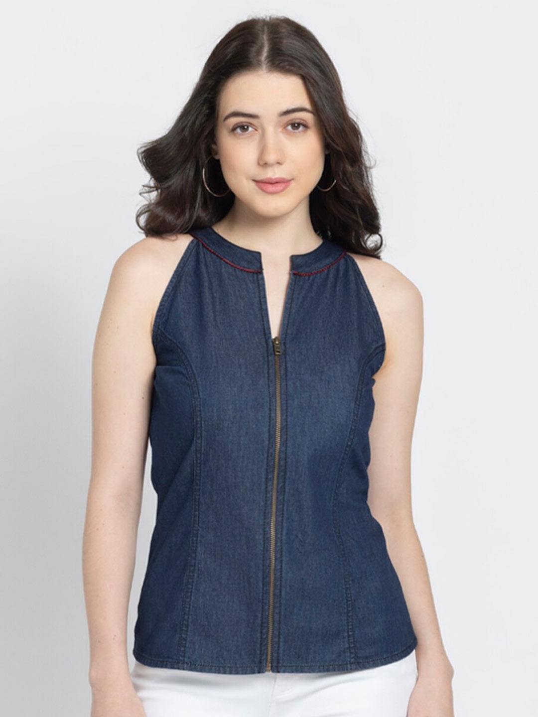 

SHAYE Premium Cotton Washed Denim Front Zip Halter Neck Top, Navy blue