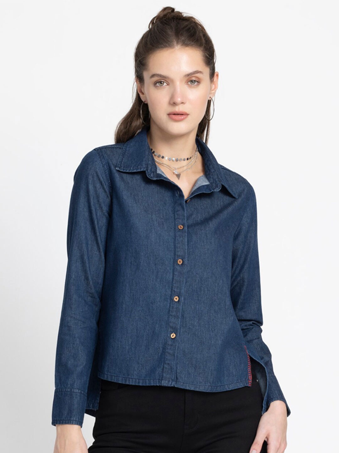 

SHAYE Washed Cotton Denim High & Low Hem with Front Slit Button-Down Shirt, Blue