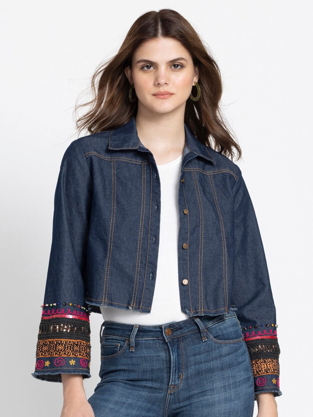 

SHAYE Signature Cotton Washed Denim Embroidered Bell Sleeves Shirt, Blue