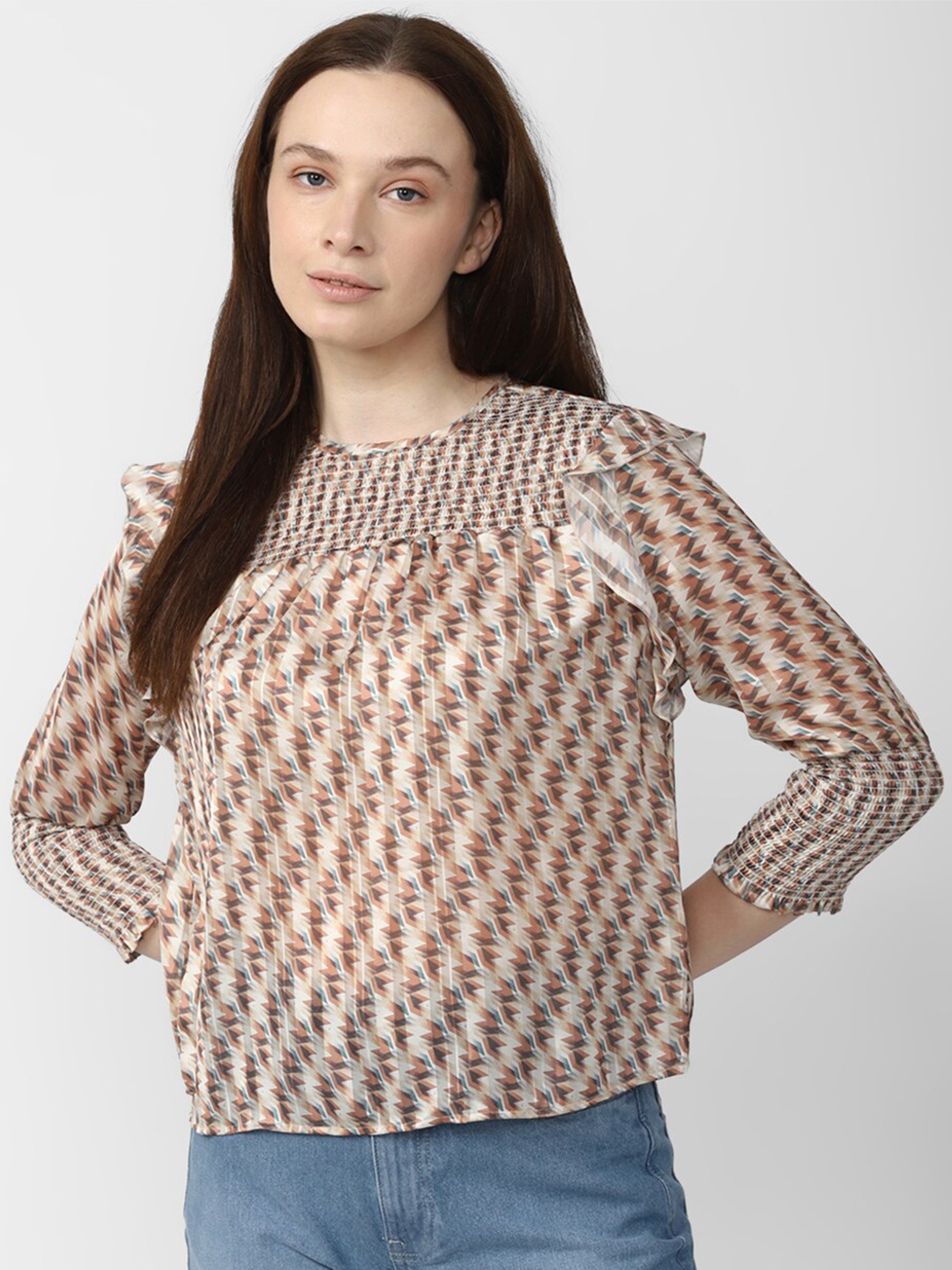 

Van Heusen Woman Geometric Printed Smocking Details Top, Brown