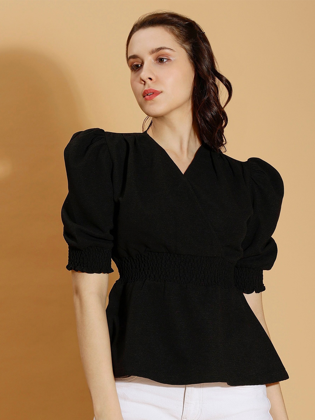 

DressBerry Black V-Neck Puff Sleeve Cinched Waist Top