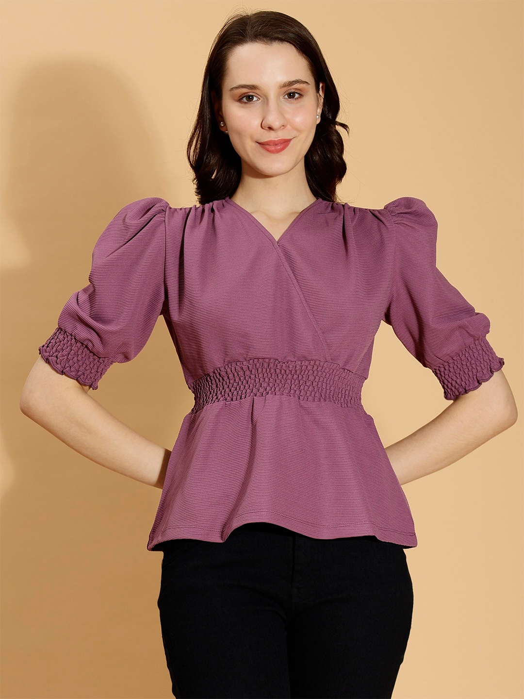 

DressBerry V-Neck Puff Sleeves Cinched Waist Top, Purple