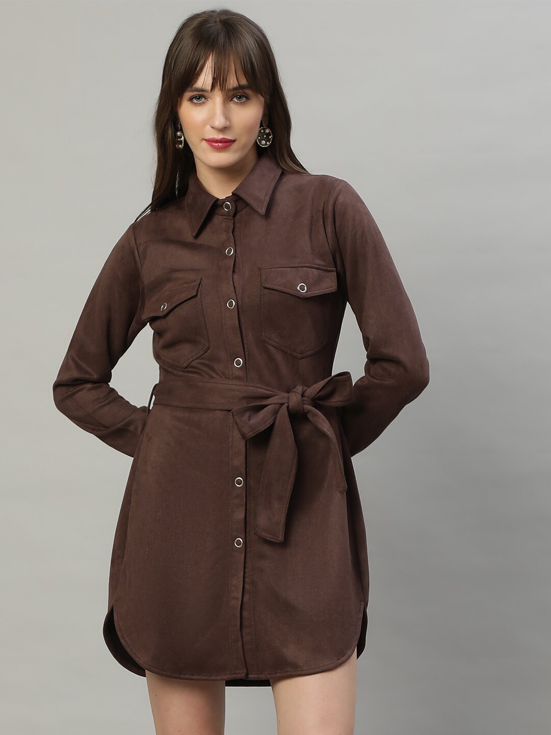 

DELAN Shirt Collar Cuffed Sleeves Belted Shirt Mini Dress, Brown