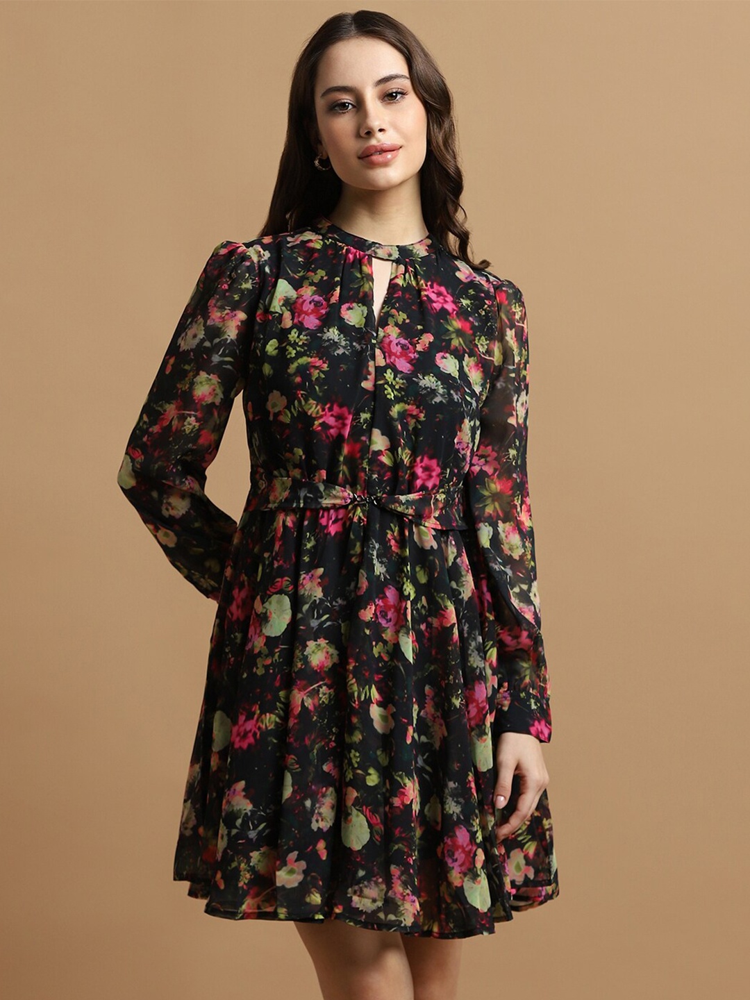 

Allen Solly Woman Floral Printed Keyhole Neck Gathered Detailed Fit & Flare Dress, Black