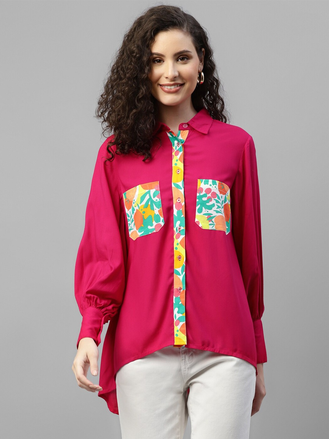 

DEEBACO Classic Cuffed Sleeves Casual Shirt, Magenta