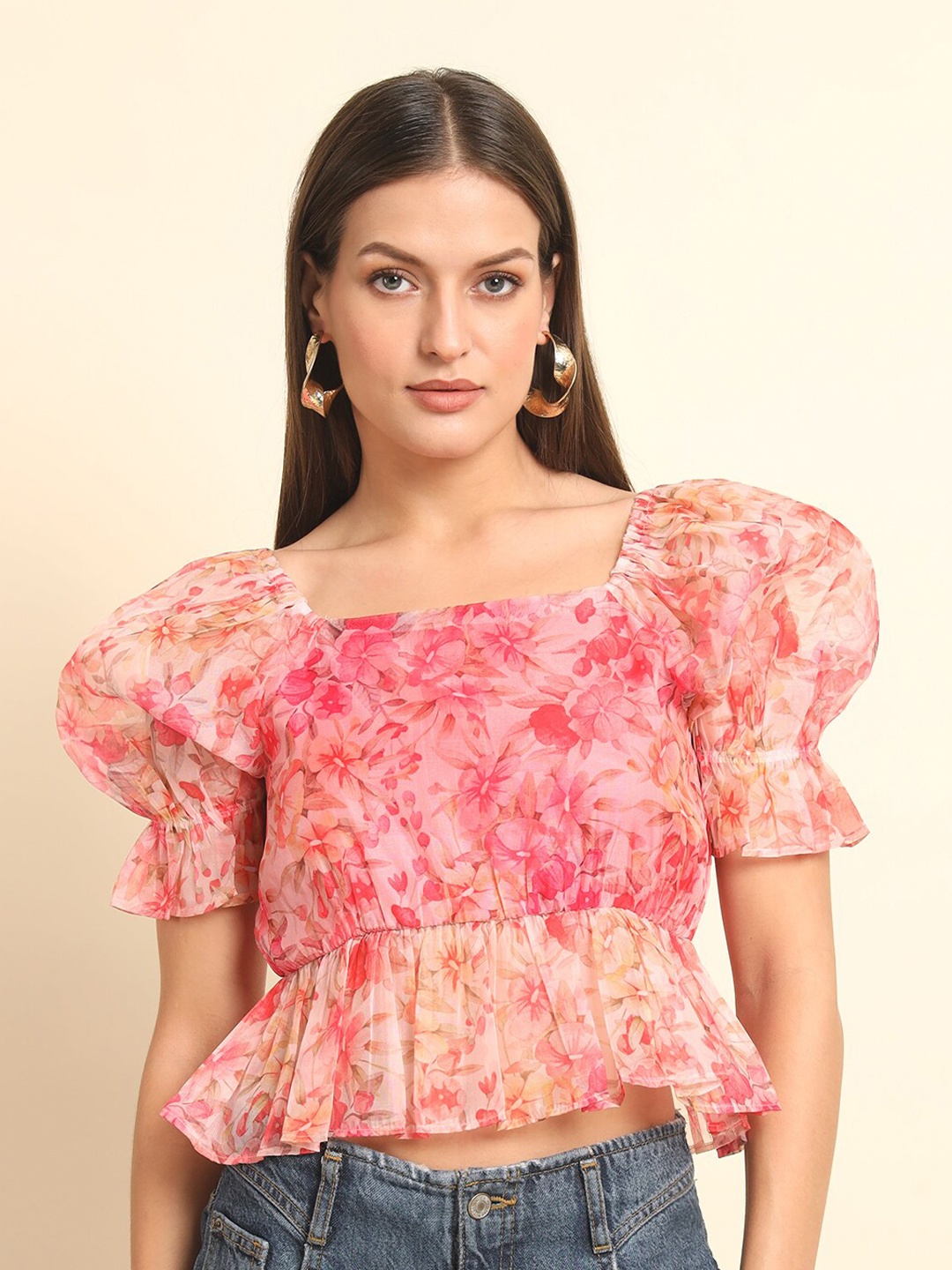 

Trend Arrest Floral Printed Puff Sleeves Cinched Waist Crop Top, Pink