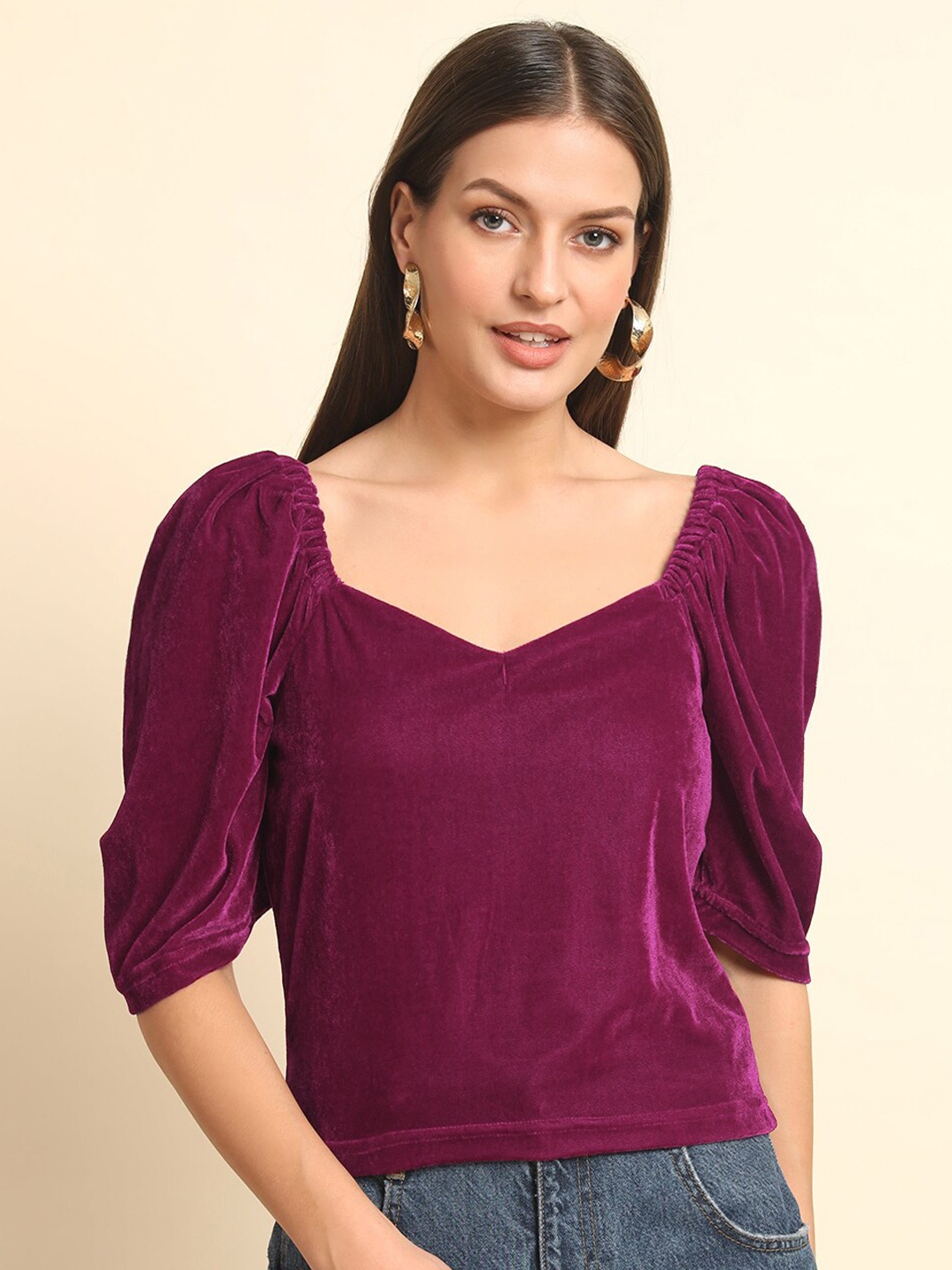 

Trend Arrest Sweetheart Neck Puff Sleeve Velvet Top, Purple