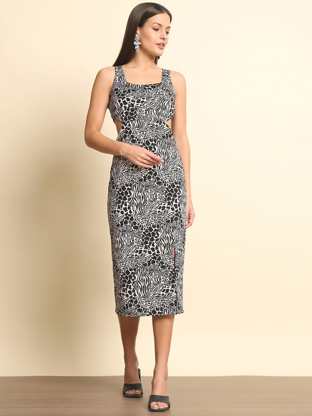 

Trend Arrest Abstract Printed Cut-Outs Sheath Midi Dress, White