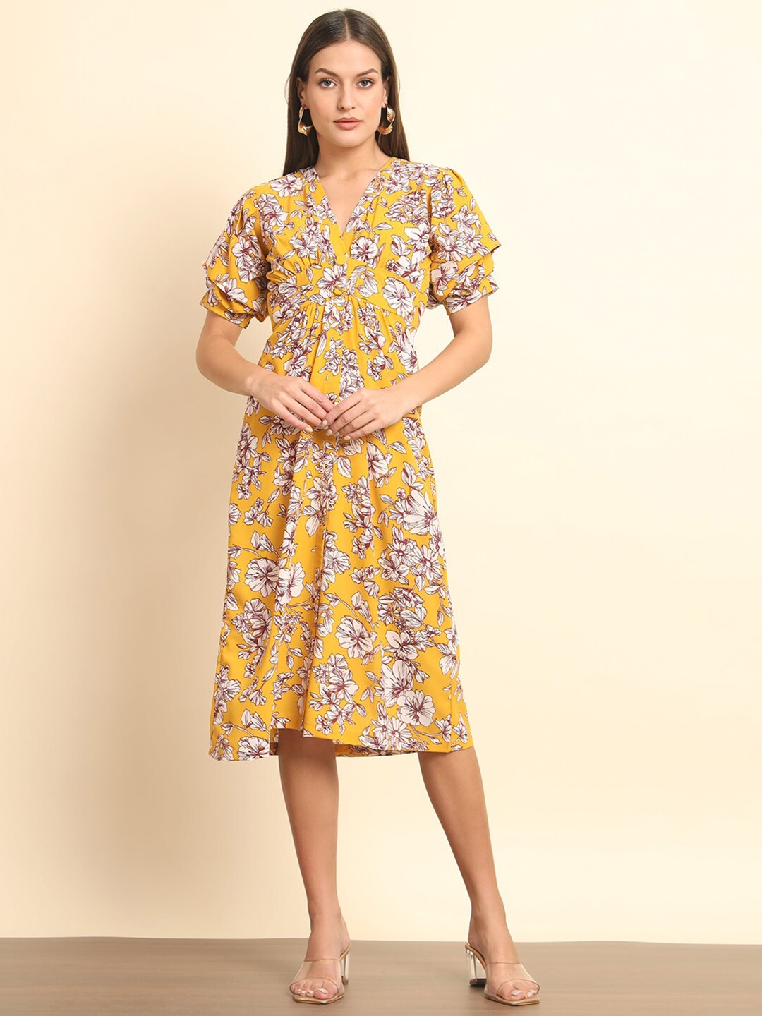 

Trend Arrest Floral Printed Puffed Sleeves Fit and Flare Midi Dress, Yellow