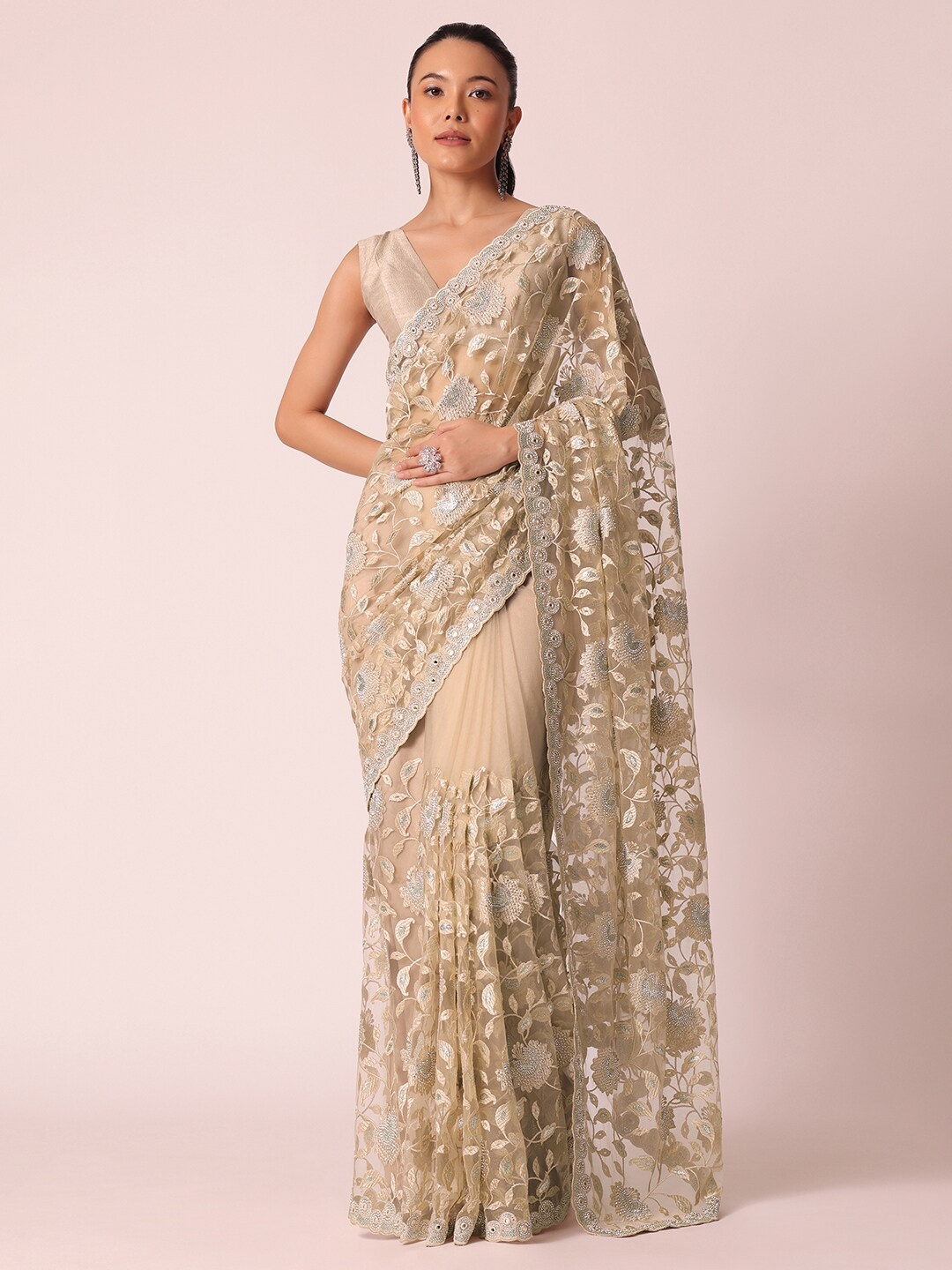 

KALKI Fashion Floral Embroidered Organza Mirror Work Saree, Beige