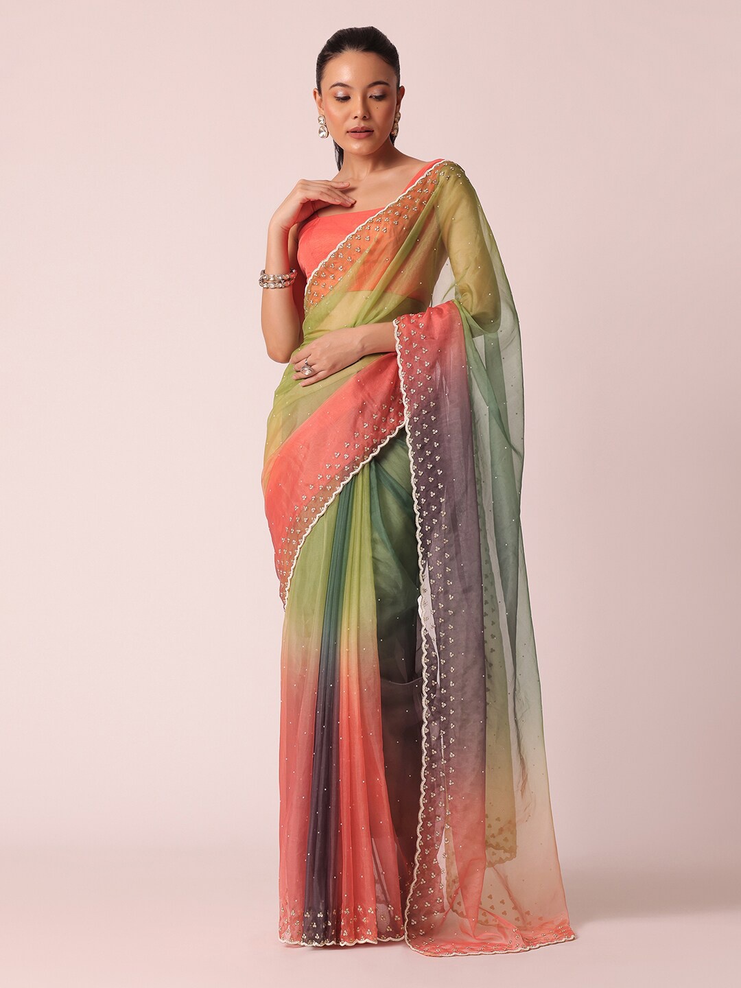 

KALKI Fashion Embellished Beads & Stones Organza Saree, Green