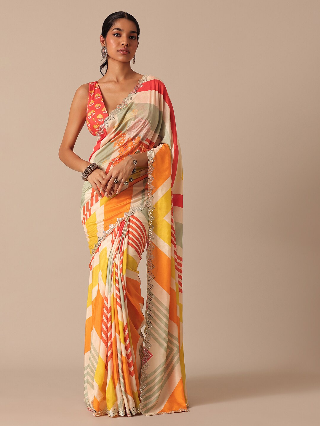 

KALKI Fashion Striped Satin Mirror Work Saree, White