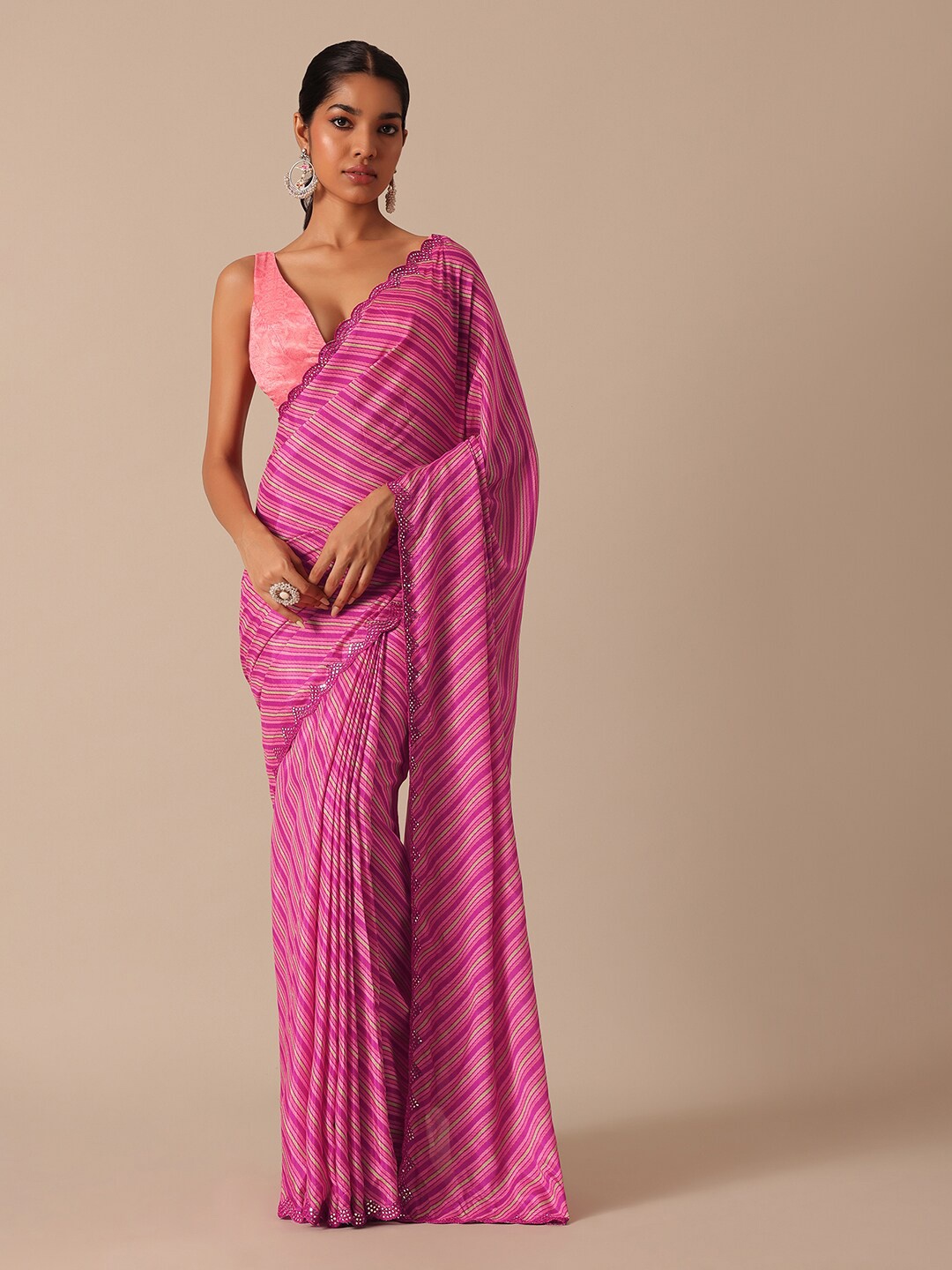 

KALKI Fashion Striped Satin Mirror Work Saree, Pink