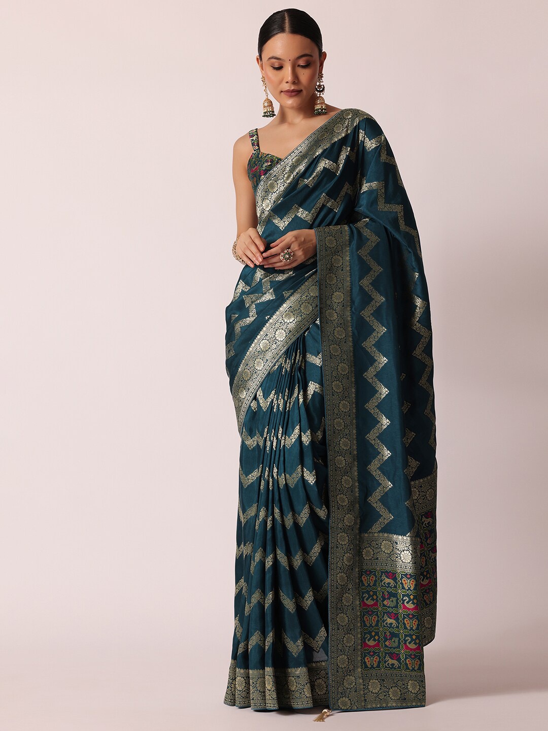 

KALKI Fashion Ethnic Motifs Woven Design Zari Banarasi Saree, Teal